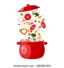 Food preparation. Sliced vegetables in red saucepan with lid. Kitchen utensil. Vector illustration cartoon flat icon isolated on white background.