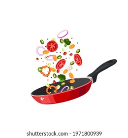 Food preparation. Sliced vegetables in red frying pan. Kitchen utensil. Vector illustration cartoon flat icon isolated on white background.