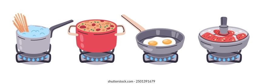 Lebensmittelzubereitung. Kochgefäße und Töpfe auf Gasbrenner, kochende Suppe, gebratene Eier und treffen auf Herd flachen Vektorgrafik-Set. Mittag- oder Abendessen auf Gasherd