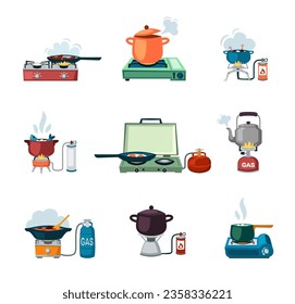 food preparing cookware. kettles and other utensils, egg fish and soup preparing, boiling, frying, baking in kitchen pan,. vector cartoon set of isolated items.