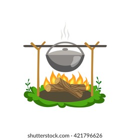 Food Preparing On Bonfire Flat Vector Icon In Cute Girly Style Isolated On White Background
