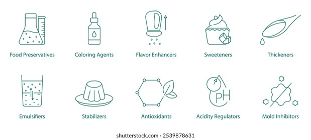 Food Preservatives, Coloring Agents, Flavor Enhancers, Sweetness, Thickness, Emulsifiers, Stabilizers, Antioxidants, Acidity Regulators, Mold Inhibitors Vector Icon Set