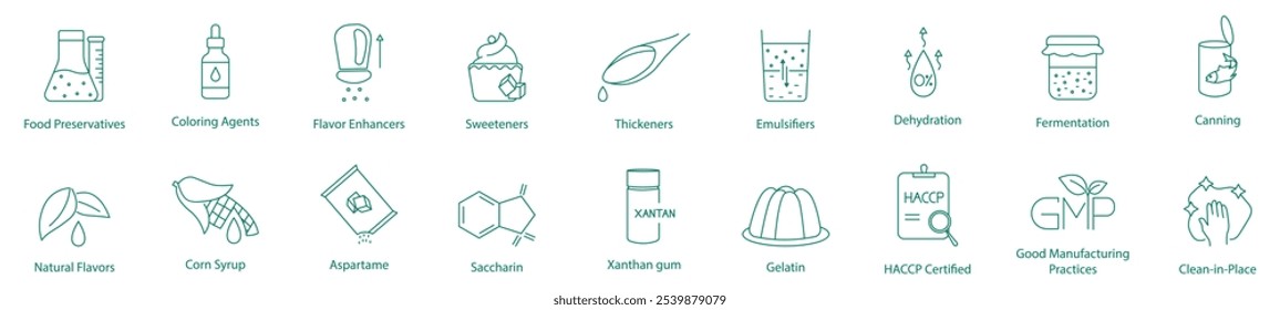 Conservantes Alimentares, Agentes Corantes, Melhoradores de Sabor, Doçura, Espessura, Emulsionantes, Desidratação, Fermentação, Conservas, Aromas Naturais, Xarope de Milho, Aspartame, Sacarina, Ícones de goma xantana