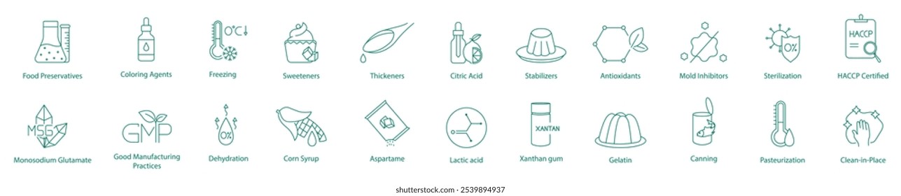 Lebensmittelkonservierungsmittel, Farbstoffe, Gefriermittel, Süßes, Verdickungsmittel, Zitronensäure, Stabilisatoren, Antioxidantien, Schimmelpilzhemmer, Sterilisation, HACCP-zertifiziert, Mononatriumglutamat-Vektorsymbol-Set