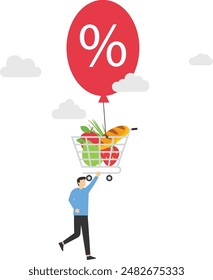 Crisis de Precio de alimentos, aumento de los Precios de bienes de consumo. La inflación refleja mayores Precios de bienes y servicios. Los hombres tratan de atrapar Carritos de compras llenos de comida que se van volando. Ilustración vectorial plana.