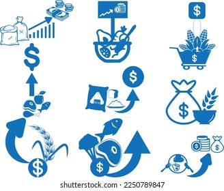 Food price hike icon set, rising price for food icon set blue vector