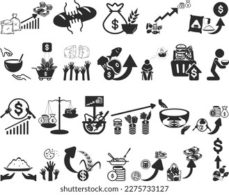 Food price hike icon set, 25 food crisis icon set black vector