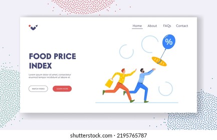 Food Price Index Landing Page Template. Characters Chase Groceries Rising Up on Balloon. Inflation, Monetary Value Growth, Financial Problems Market Crash, Crisis. Cartoon People Vector Illustration