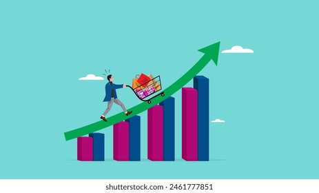 food price inflation, Inflation causing grocery price rising up, food or economic crisis that causes food prices rising up, Businessman push shopping carts filled with food items up the price chart