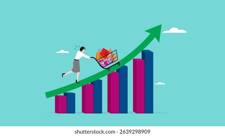 food price inflation, Inflation causing grocery price rising up, food or economic crisis that causes food prices rising up, Businesswoman push shopping carts filled with food items up the price chart