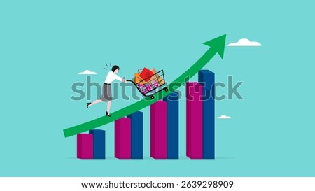 food price inflation, Inflation causing grocery price rising up, food or economic crisis that causes food prices rising up, Businesswoman push shopping carts filled with food items up the price chart