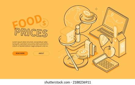 Food Prices - Line Design Style Isometric Web Banner On Yellow Background With Copy Space For Text. Header With Laptop, Statistics, Bread, Apple, Empty Plate, Check For Lunch, Calculator And Money