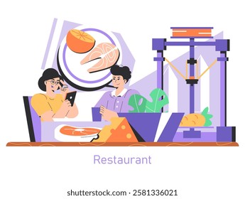 Food Printing concept. Customers at a modern restaurant watch as a 3D printer creates their meal. Innovation in culinary technology and dining. Vector illustration.