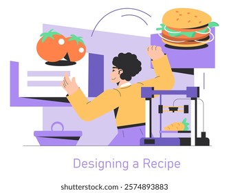 Food Printing concept. Future technology in gastronomy with a chef using 3D printer to create a burger. Innovative cuisine, recipe design. Vector illustration.