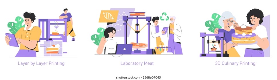 Food Printing Technology set. Innovations in 3D printing edible items, creating laboratory meat, and layering culinary designs. Technologists at work. Vector illustration.