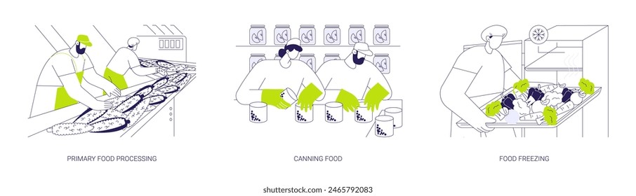 Food processing abstract concept vector illustration set. Primary food processing, canning food, freezing fruits, conserving ingredients, pickled vegetables, products preserving abstract metaphor.