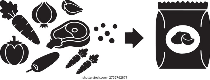 Icono de procesamiento de alimentos que muestra los ingredientes crudos que se transforman en productos alimenticios envasados.