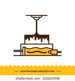 Food processing industry icon. Automated line confectionery. The robotic process of making cake. Vector illustration in modern style