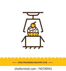 Food processing industry icon. Automated line confectionery. Packaging products. Vector illustration in modern style