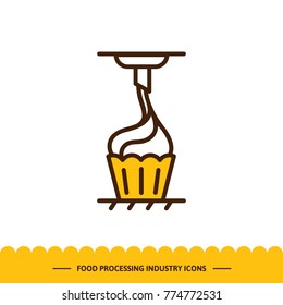 Food processing industry icon. Automated line of confectionery at the factory. The process of extruding the cream. Vector illustration in modern style