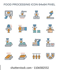 Food Processing And Manufacturing Icon Such As Fish, Robot, Production Line, And Can Packaging Vector Icon Set Design, Line And Editable Stroke Icon.