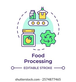 Food processing multi color concept icon. Production technology, tools. Packaging, reusing. Round shape line illustration. Abstract idea. Graphic design. Easy to use in infographic, presentation