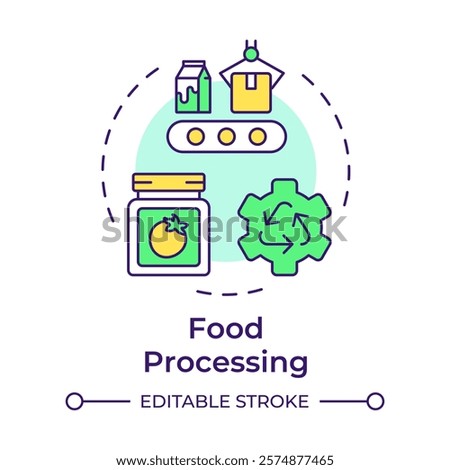 Food processing multi color concept icon. Production technology, tools. Packaging, reusing. Round shape line illustration. Abstract idea. Graphic design. Easy to use in infographic, presentation
