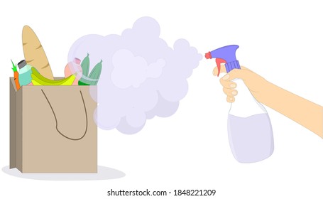 Food processing. Safe delivery. The hand holds an antiseptic. Purchase processing. Vector illustration