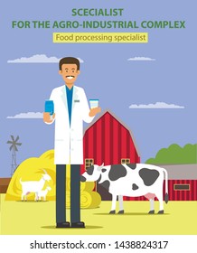 Food Processing Specialist. Specialist for Argo-Industrial Complex. Man in White Coat on Background Animals and Farm. Smiling Spesialist. Vector Illustration. Explore Workflow. Recruitment Agency.