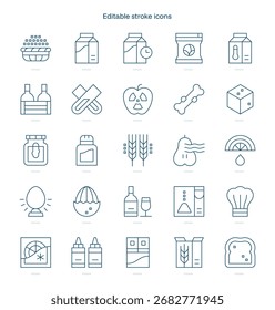 Icono de trazo de procesamiento de alimentos. Conjunto de iconos de línea de procesamiento de alimentos. paquete de iconos de trazo editable