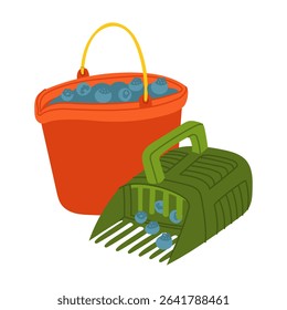 food processor and a bucket filled with blueberries. Flat color illustration. Gardening, forestry, harvesting. It is suitable for packaging design, articles harvesting, farming, eco-products and food