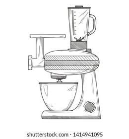 Food processor with different nozzles isolated on white background. Vector illustrations in sketch style