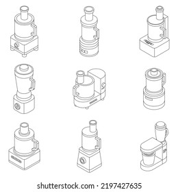 Food processor icons set. Isometric set of food processor vector icons outline thin lne isolated on white