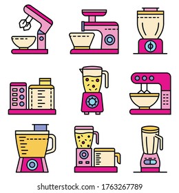 Food processor icons set. Outline set of food processor vector icons thin line color flat isolated on white