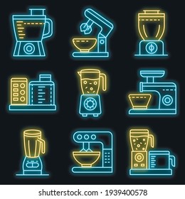 Food processor icons set. Outline set of food processor vector icons neon color on black