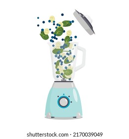 Food processor, mixer, blender with fruits, berries and vegetables. Variety of ingredients: banana, blueberry, spinach. Healthy eating. Fitness and body care concept. Smoothie preparation