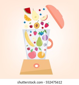 Food processor, mixer, blender with fruits  and berries.Slices of fruits.
