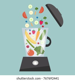Food processor, mixer, blender with fruits, berries and  vegetables.Slices of vegetables and fruits