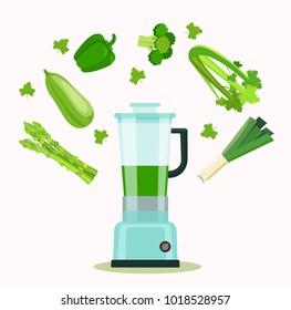 Food processor, mixer, blender and vegetables. Green vegetable smoothie juice.  Flat style vector illustration.