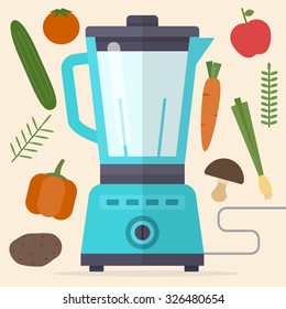 Food processor, mixer, blender and vegetables. Carrot, peppers, onions, potatoes, apples, tomatoes. Flat style vector illustration.