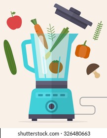 Food processor, mixer, blender and vegetables. Carrot, peppers, onions, potatoes, apples, tomatoes. Flat style vector illustration.
	
