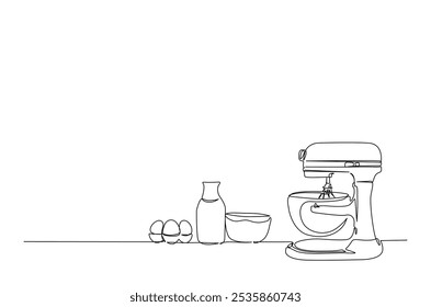 Food processor or mixer, egg, milk in bottle, flour drawing in continuous one line style. Bakery kitchen concept in single line art illustration. Editable vector.  