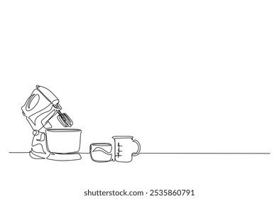 Food processor or mixer, egg, milk in bottle, flour drawing in continuous one line style. Bakery kitchen concept in single line art illustration. Editable vector.  