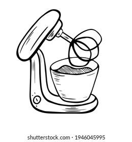Food processor. Mixing. Electric kitchen appliance. Cookery, kitchen tools – doodles. Electric machine. Kitchen appliance, equipment. Vector illustrations in sketch style