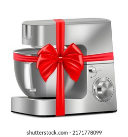Food processor with red ribbon and bow. 3D rendering. Gift concept. Realistic vector illustration isolated on white background