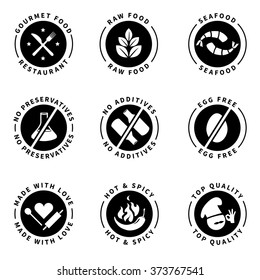 Food Product Badges Collection 2. (Gourmet Food, Raw Food, No Preservatives, No Additives, Top Quality, Hot & Spicy...