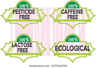 Food product badges collection. Pesticide free, caffeine free, lactose free food labels. Product label and marketing poster, banner or flyer on media and web. Editable vector, EPS 10.