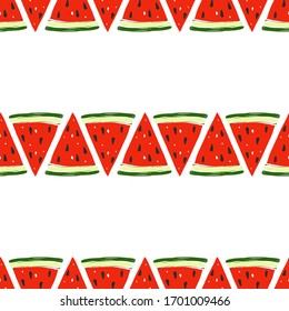 Food product design, seamless pattern with watermelon slices. Geometric zig zag horizontal stripes. Cute background for surfaces. Vector elements on white background.