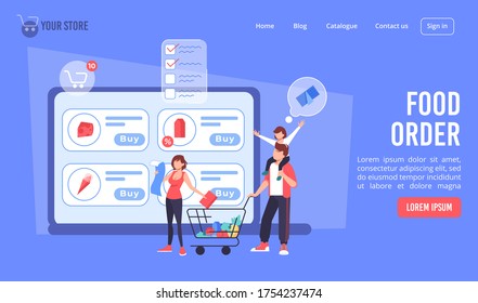 Food product order online landing page design. Happy family having little child making purchase via internet from home. Ecommerce service. Digital marketplace offering shopping, fast delivery