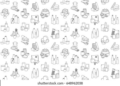 Food product outline seamless pattern, placed in categories on white background. Supermarket meal coloring page wallpaper.